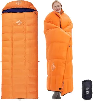 0 20 Degrees F Down Sleeping Bag for Adults,4 Season Cold Weather Rectangle Wearable Down Sleeping Bag for Camping Hiking,Can be Used as Blanket Quilt or Cloak,with Mesh Sack Buckle Strap