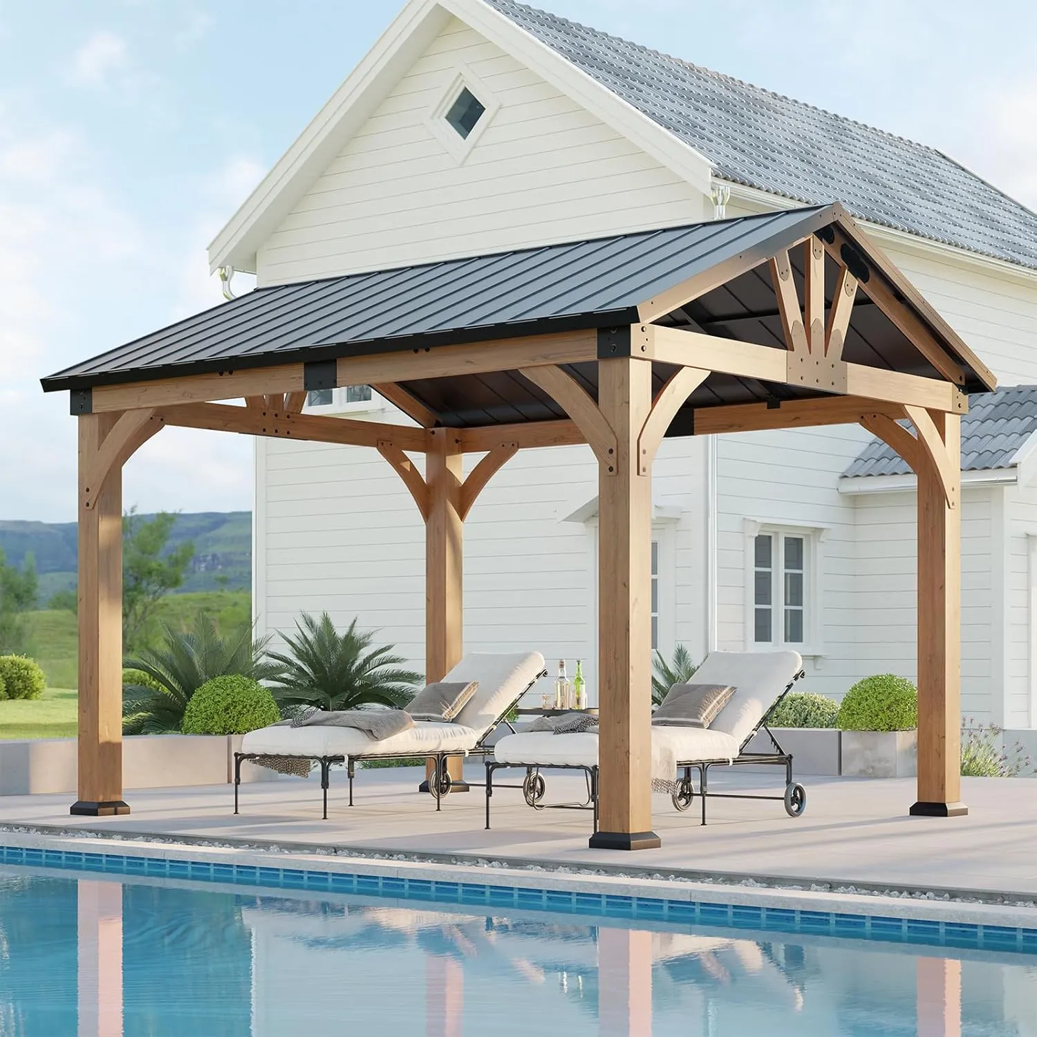 10x12 ft Cedar Wood Gazebo, Hardtop Gazebo with Galvanized Steel Peak Roof, Outdoor Pavilion for Snow Support, Wind Resistance, PowerPort, Shade for Garden, Patio, Deck