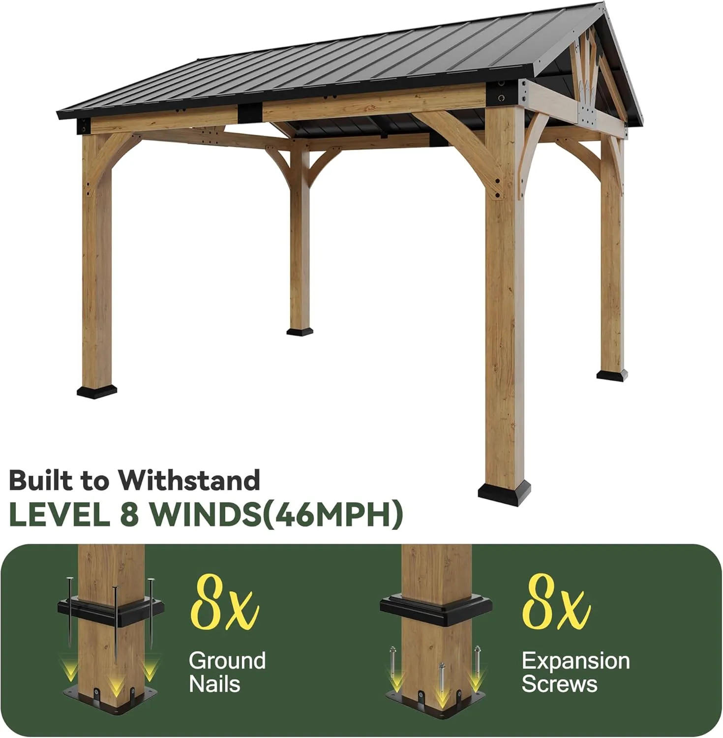 10x12 ft Cedar Wood Gazebo, Hardtop Gazebo with Galvanized Steel Peak Roof, Outdoor Pavilion for Snow Support, Wind Resistance, PowerPort, Shade for Garden, Patio, Deck
