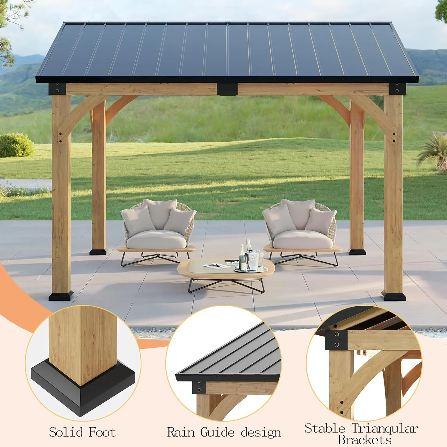 10x12 ft Cedar Wood Gazebo, Hardtop Gazebo with Galvanized Steel Peak Roof, Outdoor Pavilion for Snow Support, Wind Resistance, PowerPort, Shade for Garden, Patio, Deck