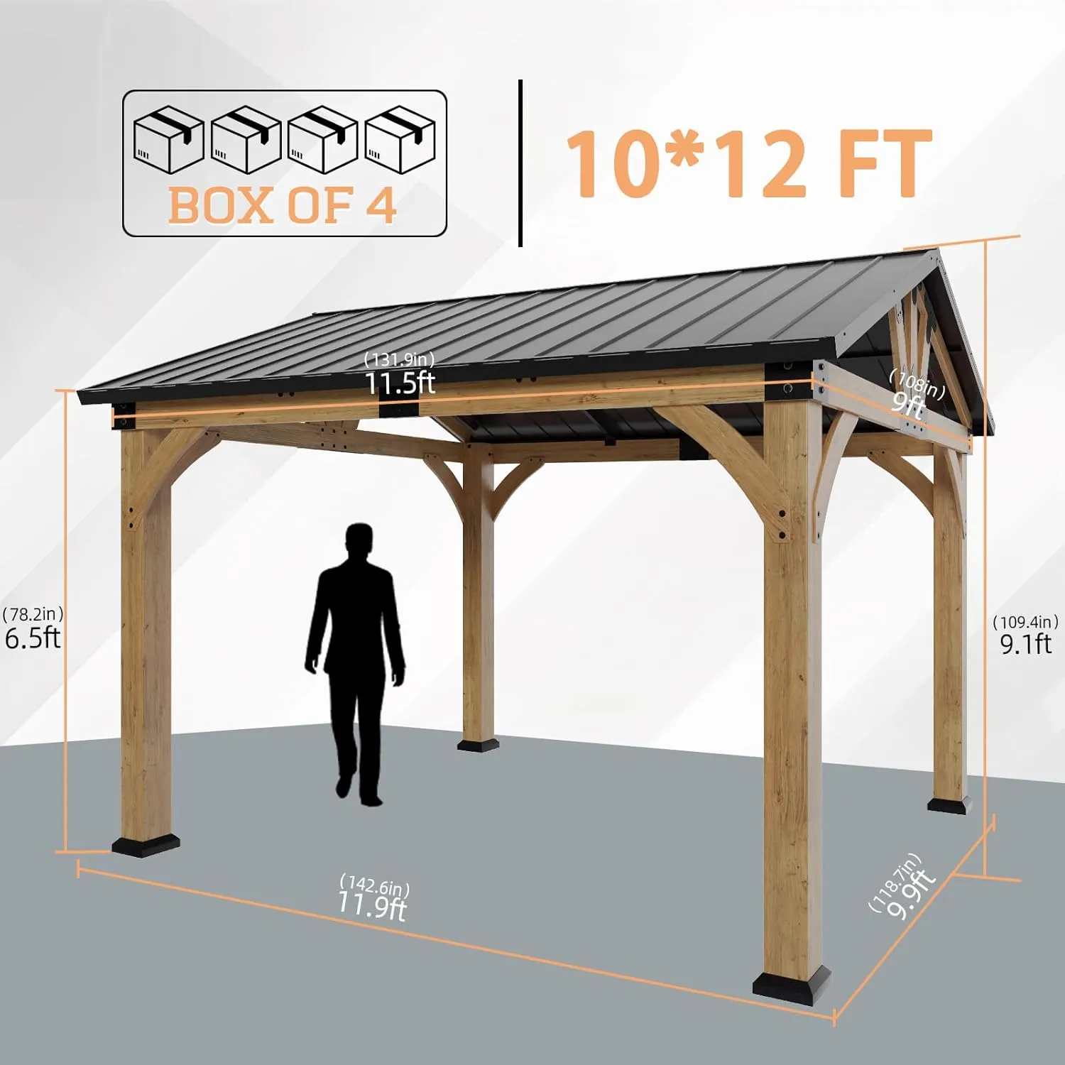 10x12 ft Cedar Wood Gazebo, Hardtop Gazebo with Galvanized Steel Peak Roof, Outdoor Pavilion for Snow Support, Wind Resistance, PowerPort, Shade for Garden, Patio, Deck