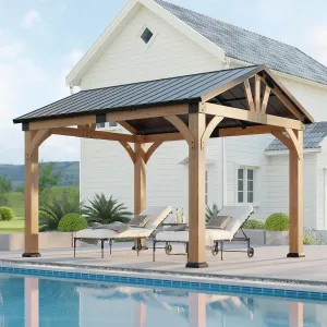 10x12 ft Cedar Wood Gazebo, Hardtop Gazebo with Galvanized Steel Peak Roof, Outdoor Pavilion for Snow Support, Wind Resistance, PowerPort, Shade for Garden, Patio, Deck
