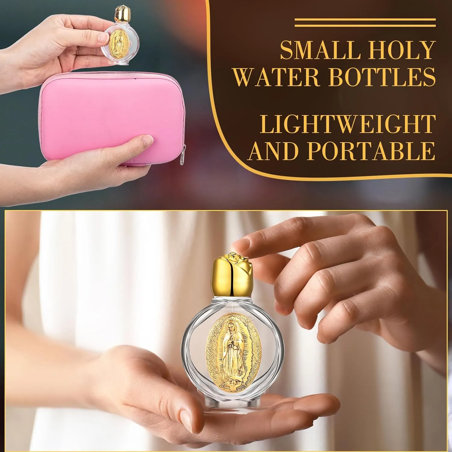 12 Pcs Catholic Holy Water Bottles 0.5 Floz Embossed Glass Holy Water Bottle with Toned Cap and Depiction Communion Gifts for Family Church(Gold,Our Lady of Guadalupe)