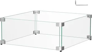 16" x 16" x 6" Glass Wind Guard for Propane Gas Fire Pit Table, Square Thick Tempered Glass Shield, Firepit Glass Barrier with Aluminum Corner Bracket & Rubber Feet