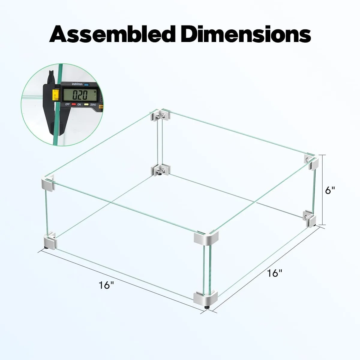 16" x 16" x 6" Glass Wind Guard for Propane Gas Fire Pit Table, Square Thick Tempered Glass Shield, Firepit Glass Barrier with Aluminum Corner Bracket & Rubber Feet