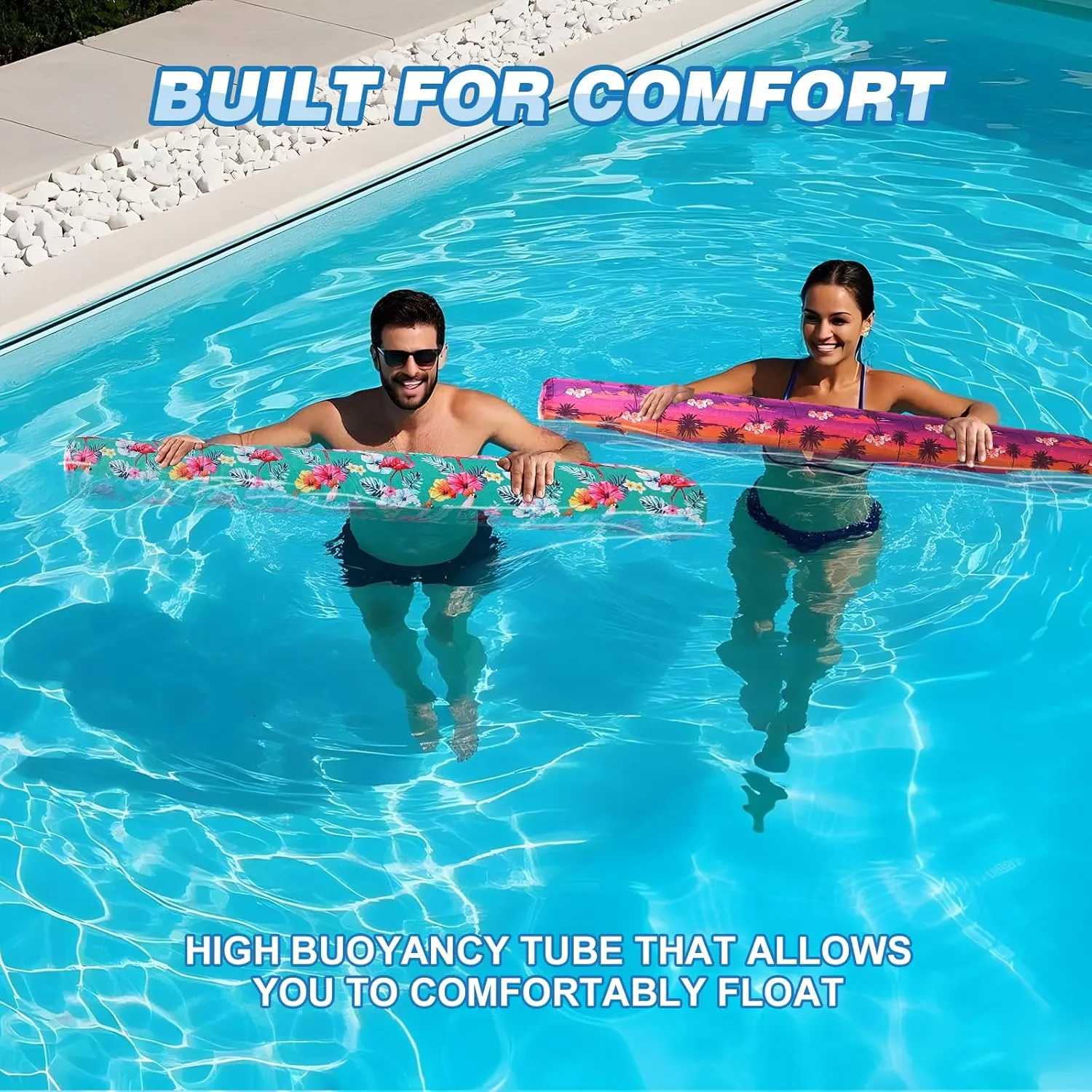 2 Pack Inflatable Swim Pool Noodles, Premium Fabric-Covered Swim Floats for Adults, 56 '' Swimming Pool Noodles for Floating, Adults Pool Accessories for Ocean, Lake, Beach