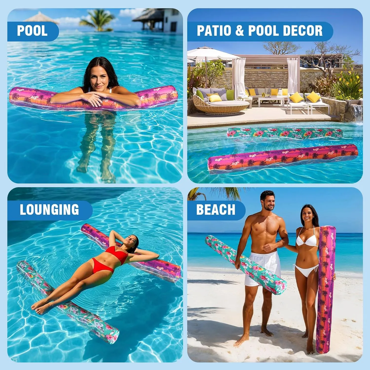 2 Pack Inflatable Swim Pool Noodles, Premium Fabric-Covered Swim Floats for Adults, 56 '' Swimming Pool Noodles for Floating, Adults Pool Accessories for Ocean, Lake, Beach