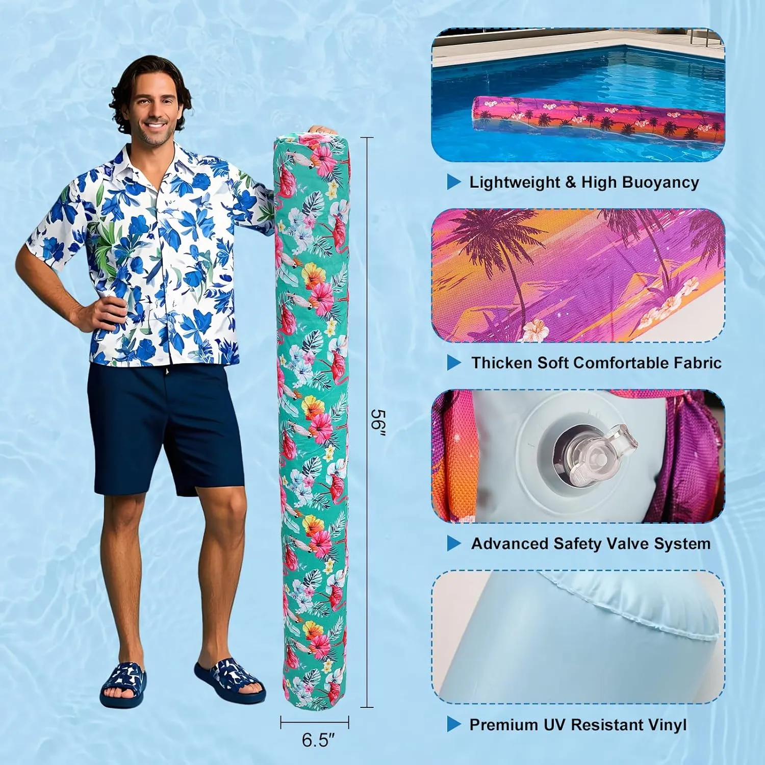 2 Pack Inflatable Swim Pool Noodles, Premium Fabric-Covered Swim Floats for Adults, 56 '' Swimming Pool Noodles for Floating, Adults Pool Accessories for Ocean, Lake, Beach