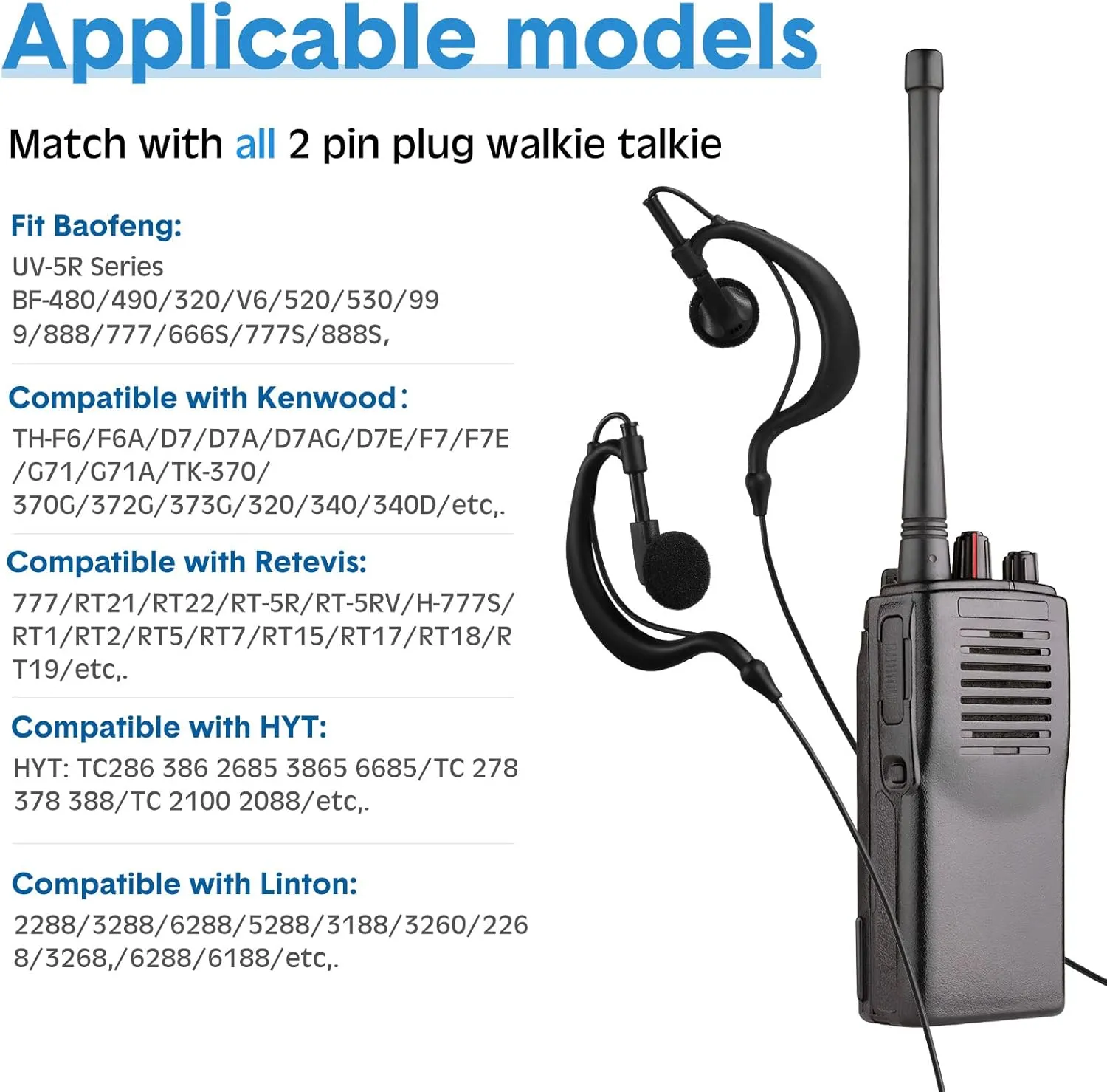 20 Pairs Walkie Talkie Earpiece with Mic 2 Pin Two Way Radio Ear Piece Microphone Earbud Bulk Single Wire Earhook Headset Compatible with Baofeng UV-5R BF-888S Arcshell Retevis H-777 RT21 RT22