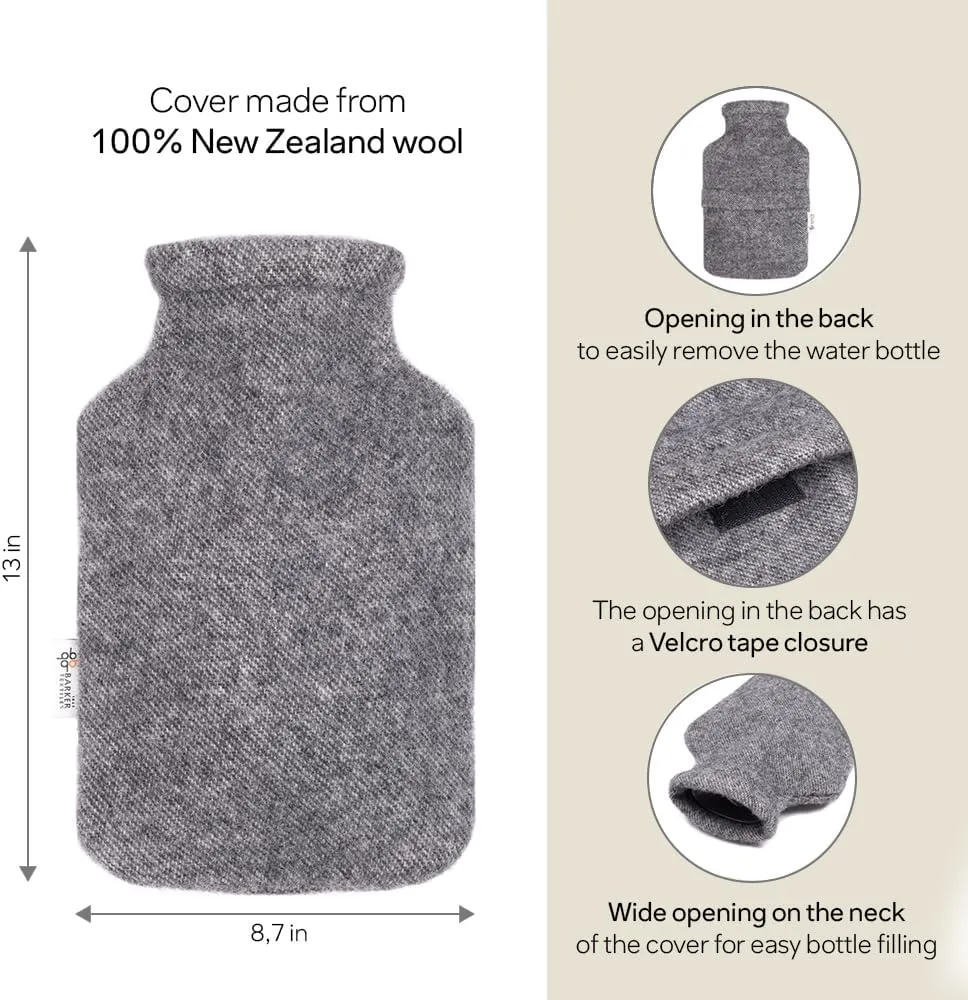 2.0L Fashy Hot Water Bottle with Barker Textiles 100% Wool Cover (Black) Hot Water Bag with Cover