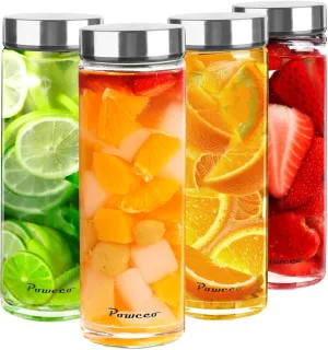 20oz Glass Juice & Water Bottles 4-Pack with Lids- Wide Mouth Reusable Borosilicate Glass- for Juicing, Smoothies, Protein Shakes, Blender & Shaker Bottle- Refillable & Dishwasher Safe(20 oz/600ml)