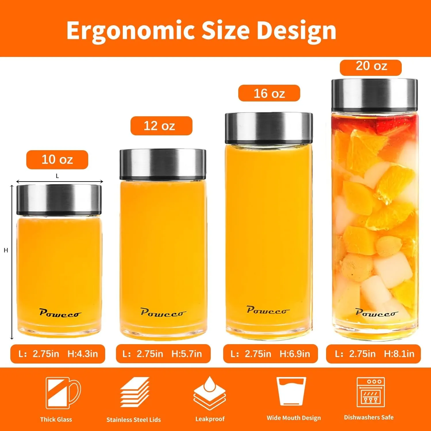 20oz Glass Juice & Water Bottles 4-Pack with Lids- Wide Mouth Reusable Borosilicate Glass- for Juicing, Smoothies, Protein Shakes, Blender & Shaker Bottle- Refillable & Dishwasher Safe(20 oz/600ml)
