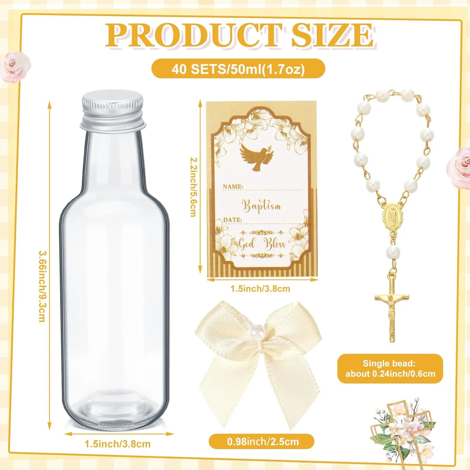 24 Sets Catholic Holy Water Bottle Baptism Rosary Set Baptism Favors 1.7oz Christian Water Container Empty Glass Holy Water Bottle for Easter Party Church Wedding Table Newborn (Gold)