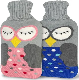 2L Hot Water Bottle with Cover Large Cute Rubber Warm Water Bag (Pack of 2) for Pain Relief, Cramps, Hot and Cold Therapy, Pink Owl and Gray Navy Owl
