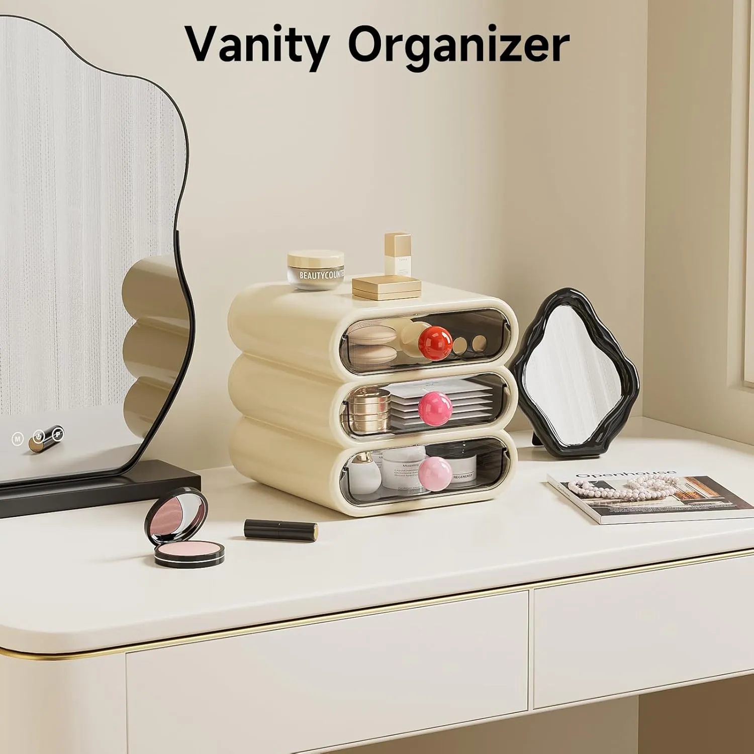 3-Drawer Storage Organizer, Compact Vanity Drawer Organizer Set for Makeup, Small Plastic Storage Box for Bathroom, Dorm, Desk, Office, 7.87"X7.48"X7.28"