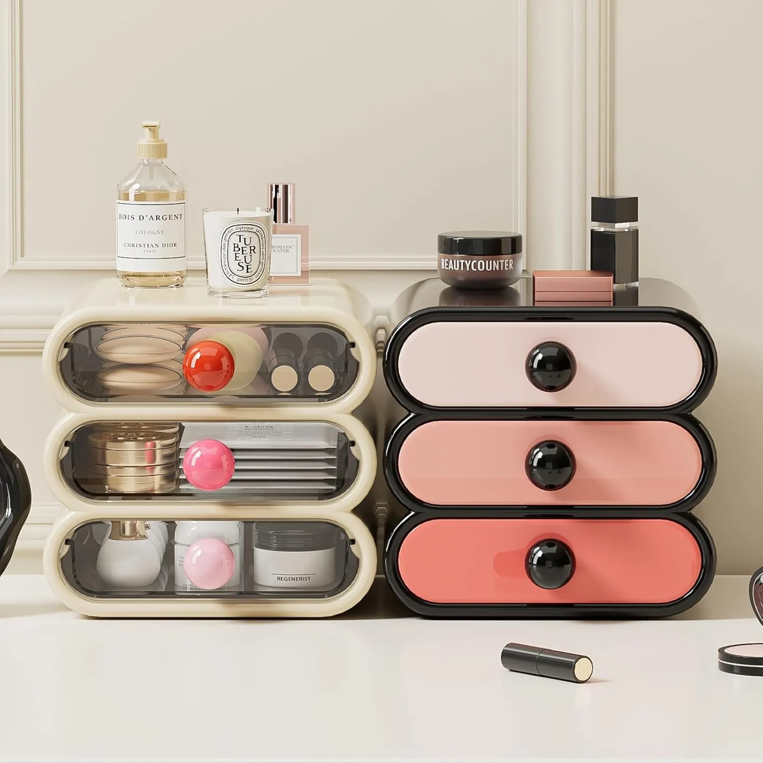 3-Drawer Storage Organizer, Compact Vanity Drawer Organizer Set for Makeup, Small Plastic Storage Box for Bathroom, Dorm, Desk, Office, 7.87"X7.48"X7.28"