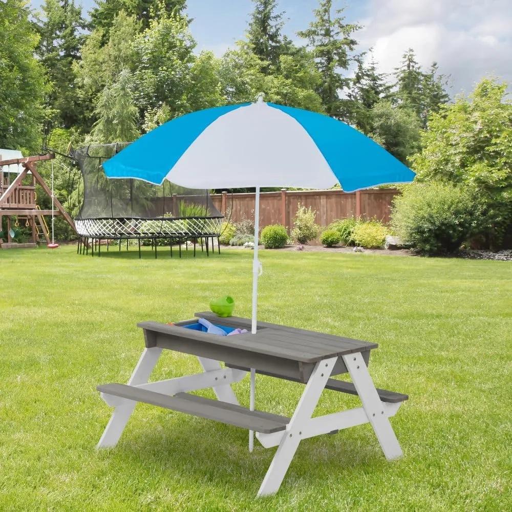 3-in-1 Kids Outdoor Wooden Picnic Table with Umbrella, Convertible Sand & Wate, Gray ASTM & CPSIA Certification
