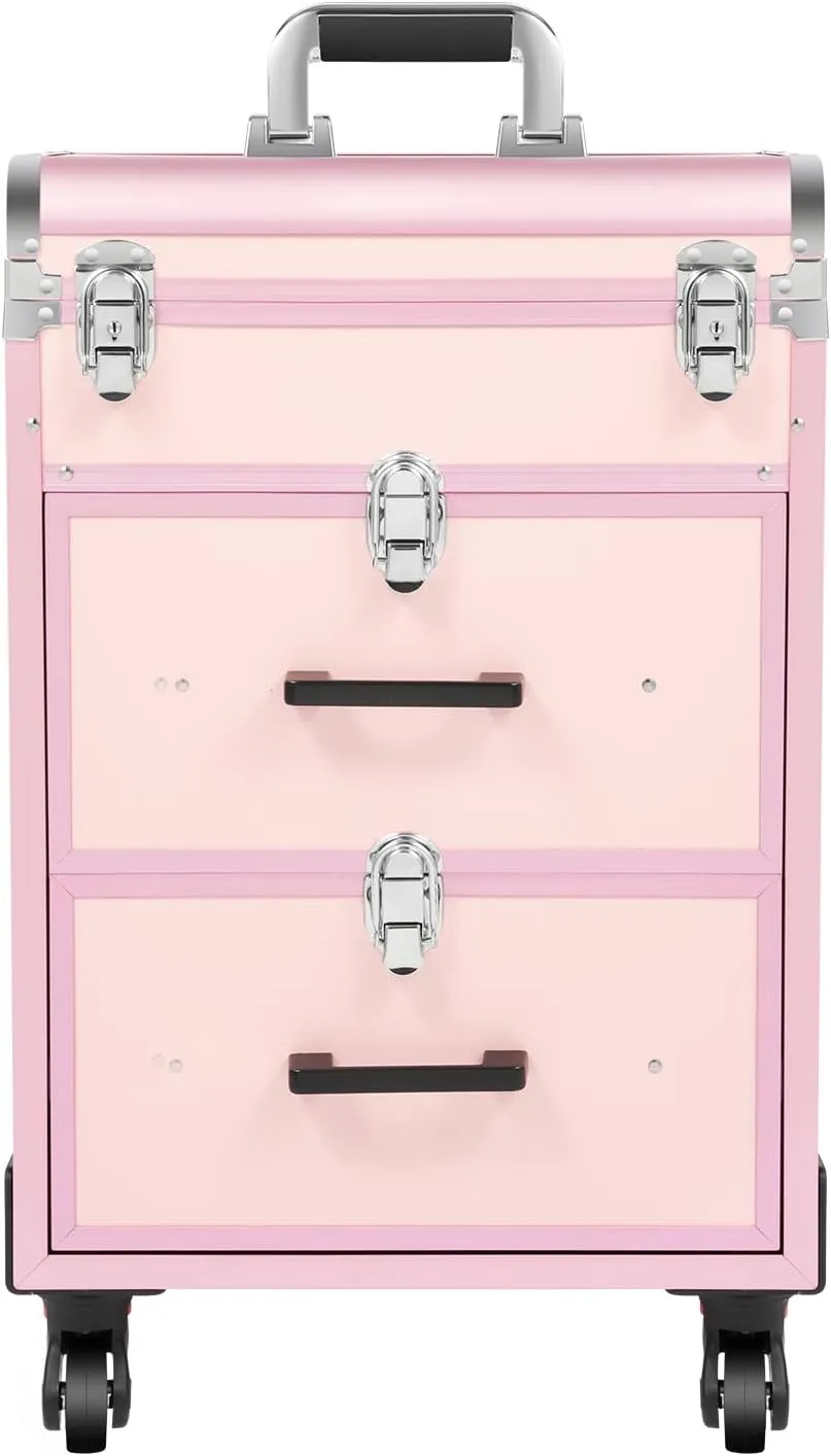3 Layers Makeup Case Aluminum Makeup Rolling Train Case with Metal Locks and Retractable Handle, Portable Makeup Case Organizer for Professional Make-Up Artists Hairdressers Nail Technicians