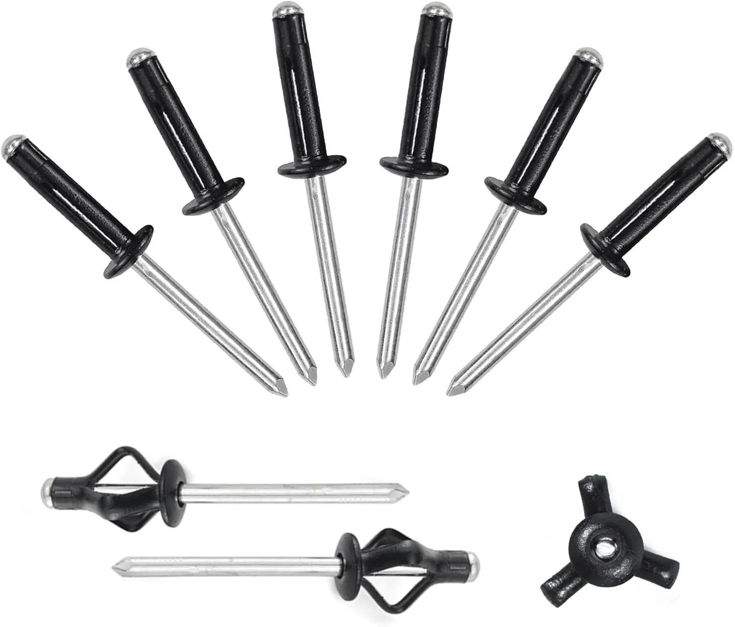 3/16" x 3/4" Tri-Fold Rivets Assortment - 150Pcs,Black Tri-fold Exploding Pop Rivets Solid Aluminum Tri Grip Rivets Bulb Style Rivets for Kayak Marine Boat
