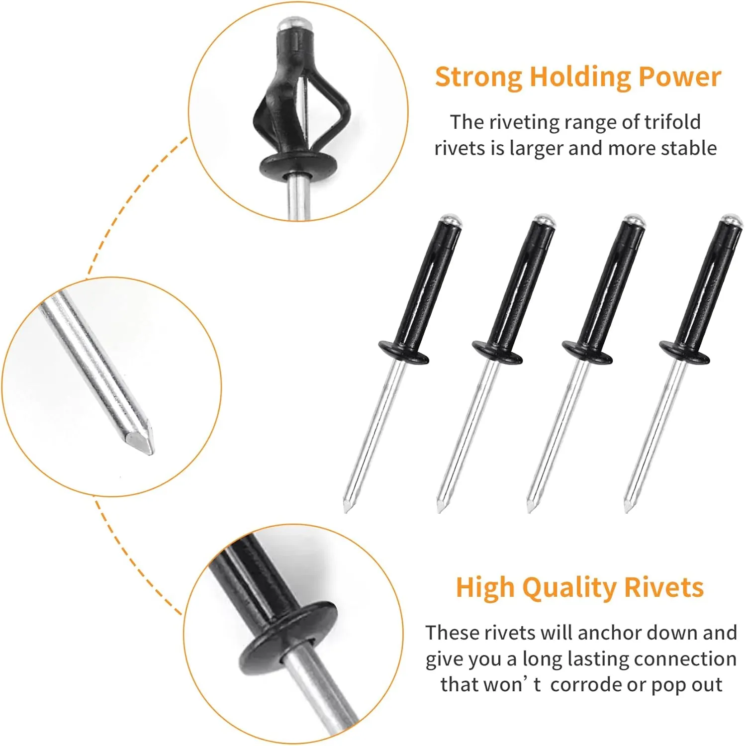3/16" x 3/4" Tri-Fold Rivets Assortment - 150Pcs,Black Tri-fold Exploding Pop Rivets Solid Aluminum Tri Grip Rivets Bulb Style Rivets for Kayak Marine Boat