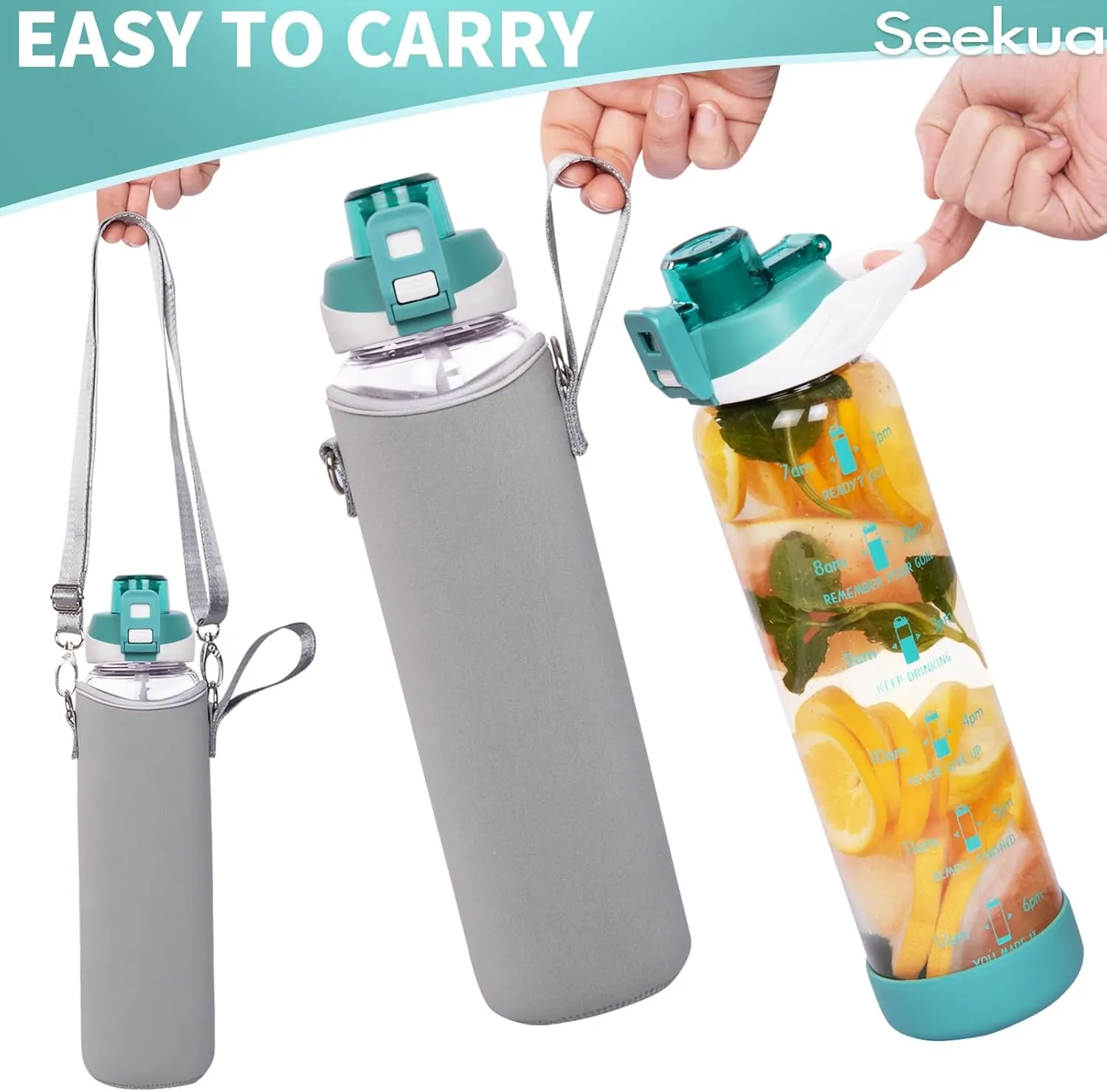 32 oz Sports Glass Water Bottle with Straw and Time Marker, Large Resuable Motivational Glass Drinking Bottle for Infused Water, Fruit, Smoothie, Coffee