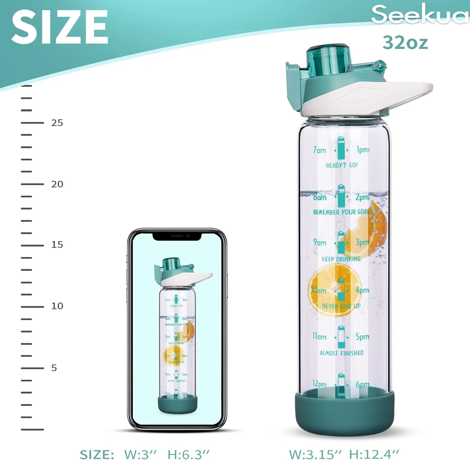 32 oz Sports Glass Water Bottle with Straw and Time Marker, Large Resuable Motivational Glass Drinking Bottle for Infused Water, Fruit, Smoothie, Coffee