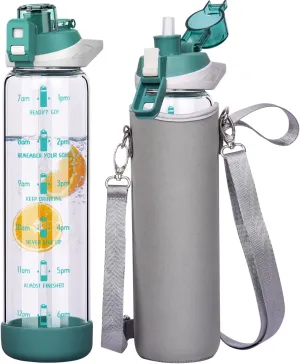 32 oz Sports Glass Water Bottle with Straw and Time Marker, Large Resuable Motivational Glass Drinking Bottle for Infused Water, Fruit, Smoothie, Coffee