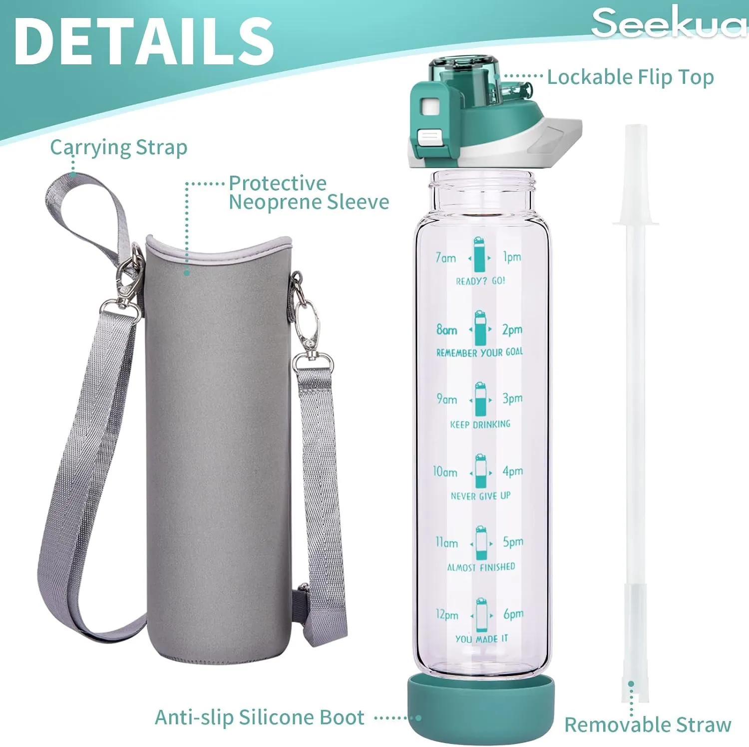 32 oz Sports Glass Water Bottle with Straw and Time Marker, Large Resuable Motivational Glass Drinking Bottle for Infused Water, Fruit, Smoothie, Coffee