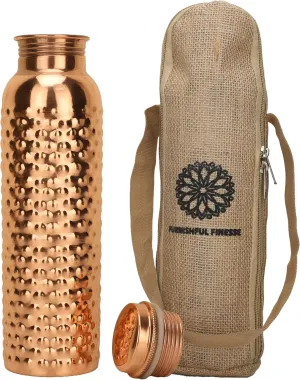 34 Ounce Copper Water Bottle with Jute Carry Bag Pure Copper Bottle for Gym, Yoga, Ayurvedic Copper Flask or Tumblr - 1000ml / 1 Liter (1, Natural Hammered Bottle)