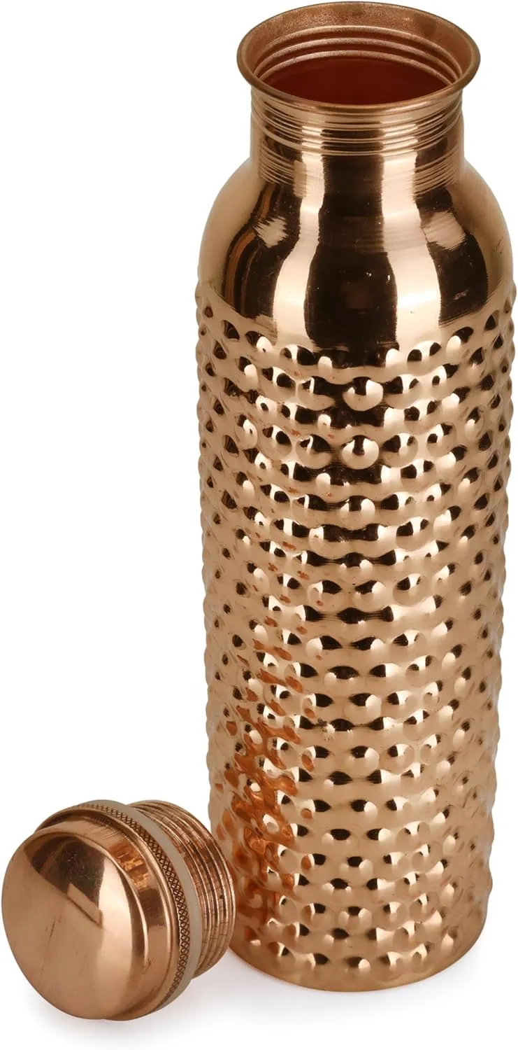 34 Ounce Copper Water Bottle with Jute Carry Bag Pure Copper Bottle for Gym, Yoga, Ayurvedic Copper Flask or Tumblr - 1000ml / 1 Liter (1, Natural Hammered Bottle)