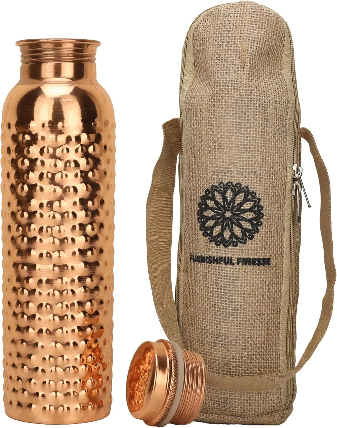 34 Ounce Copper Water Bottle with Jute Carry Bag Pure Copper Bottle for Gym, Yoga, Ayurvedic Copper Flask or Tumblr - 1000ml / 1 Liter (1, Natural Hammered Bottle)