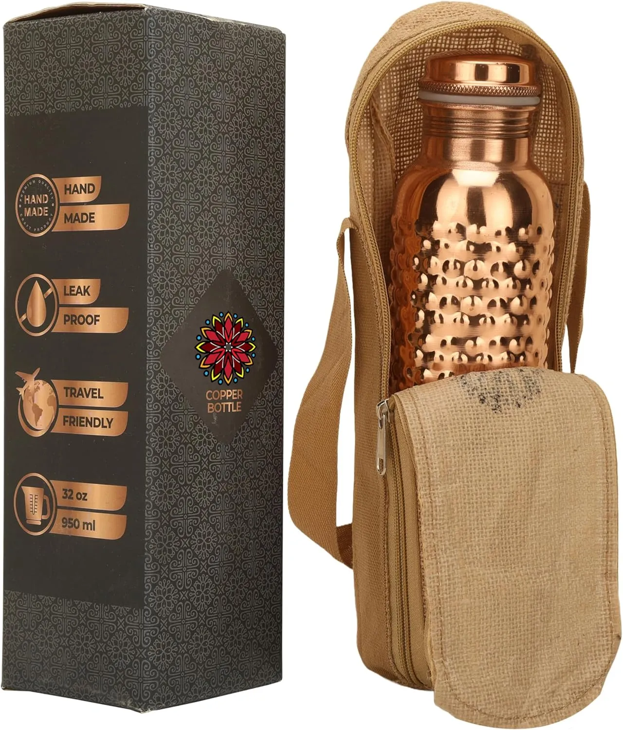 34 Ounce Copper Water Bottle with Jute Carry Bag Pure Copper Bottle for Gym, Yoga, Ayurvedic Copper Flask or Tumblr - 1000ml / 1 Liter (1, Natural Hammered Bottle)