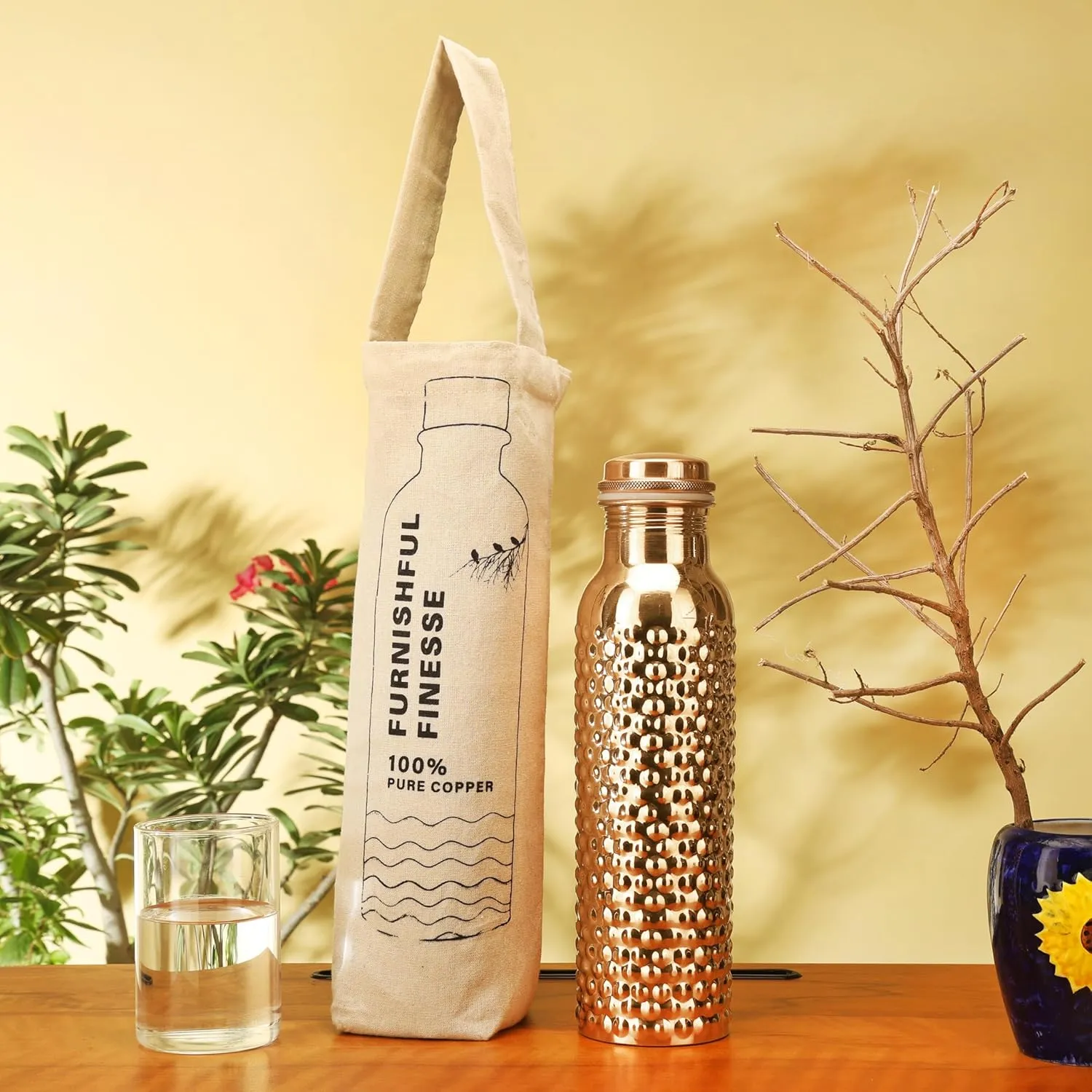 34 Ounce Copper Water Bottle with Jute Carry Bag Pure Copper Bottle for Gym, Yoga, Ayurvedic Copper Flask or Tumblr - 1000ml / 1 Liter (1, Natural Hammered Bottle)