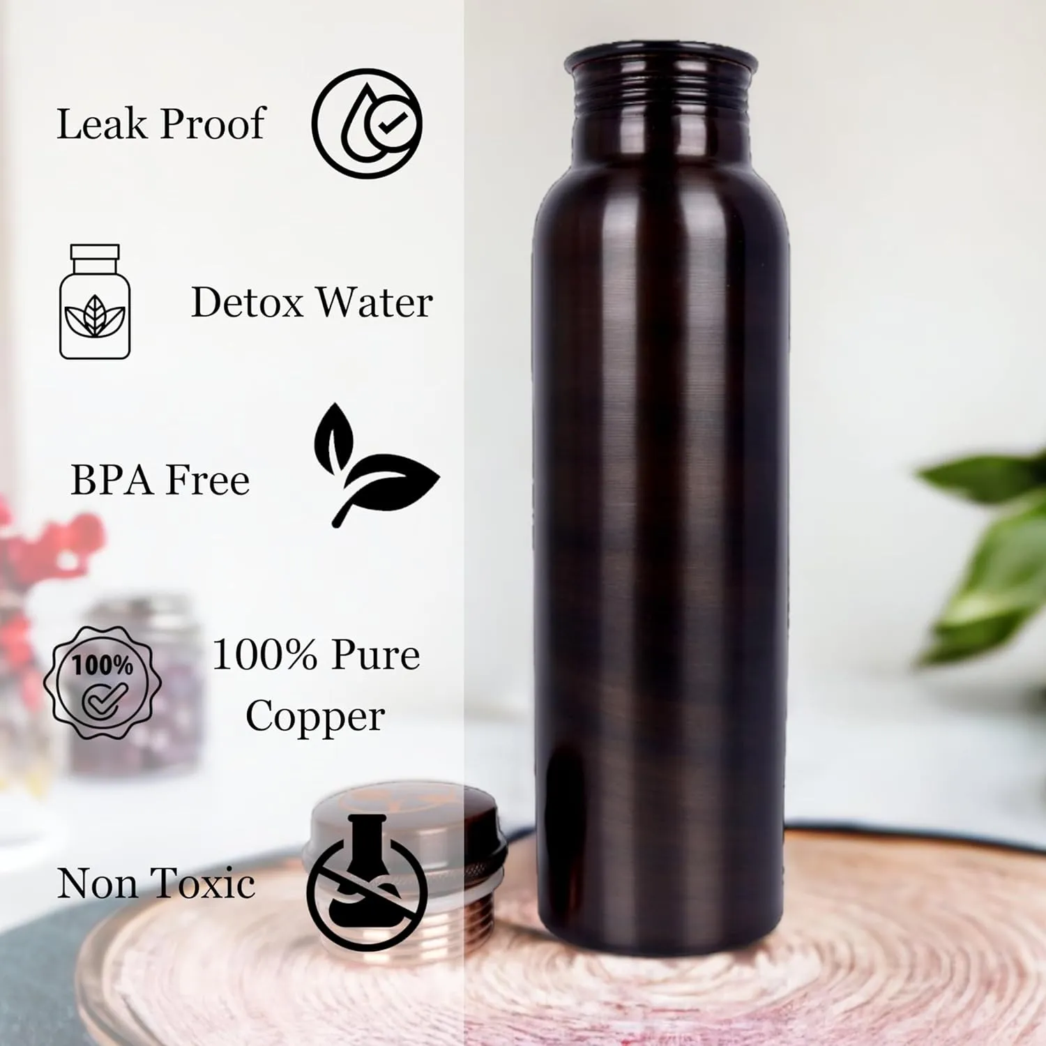 34oz Pure for Drinking – Large Handcrafted Ayurvedic, Leak Proof Lid – Smooth Finish Copper Bottle Water Vessel – 100 Copper Drinking Water Bottle 34 Oz