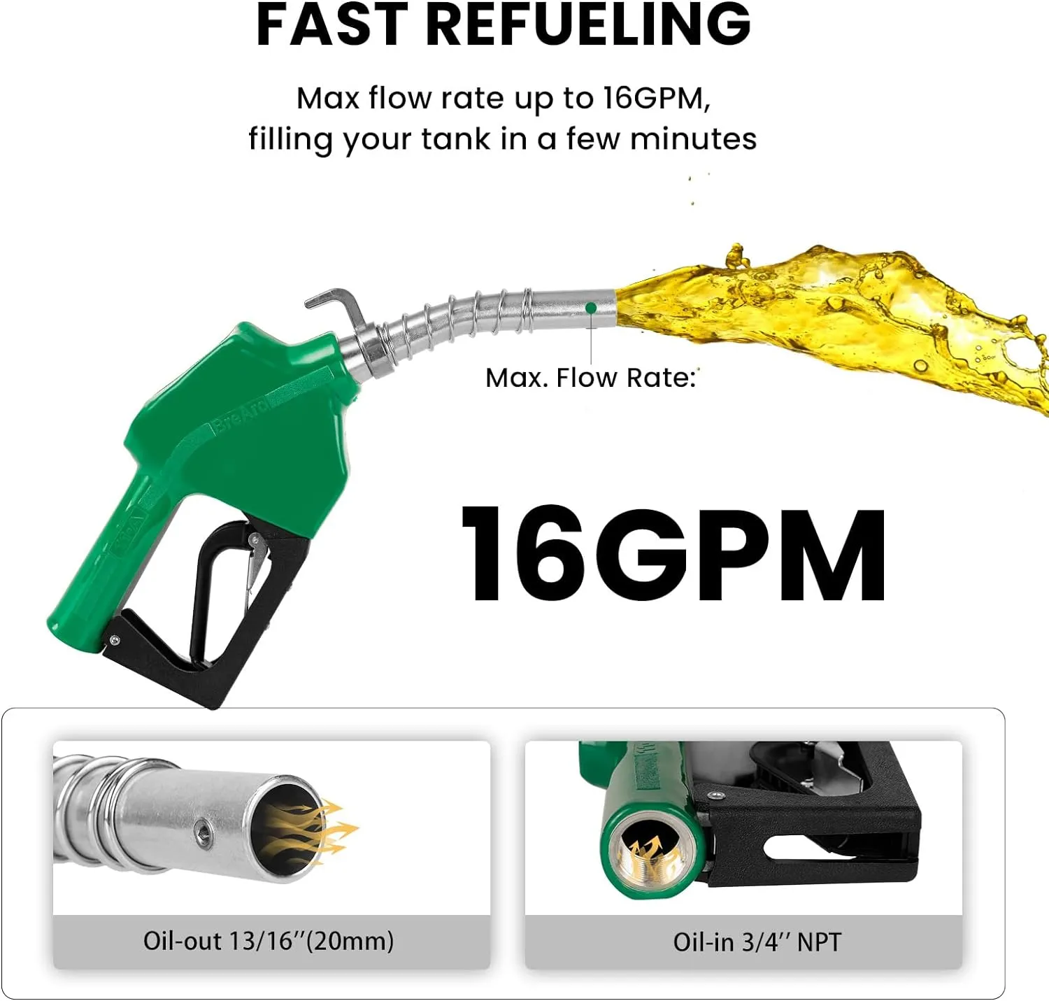 3/4" NPT Automatic Fuel Nozzle with Hook, Gas Pump Handle Fuel Nozzle with 3-speed Padlock (9-16 GPM) for Gasoline, Diesel, Biodiesel up to B20, E15 & Kerosene