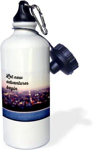 3dRose "LET NEW ADVENTURES BEGIN Flip Straw" Water Bottle, 21 oz, White