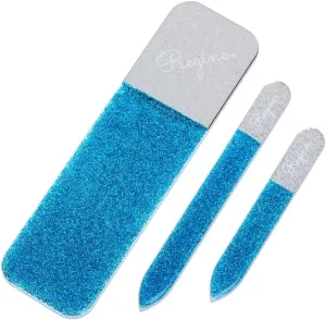 3pc Nano File Set: Professional Heavy Duty Glass Nail Files with Case Kit - Reusable Crystal Fingernail Manicure and Pedicure Tools for Men, Women, and Adults (Blue Shimmer)
