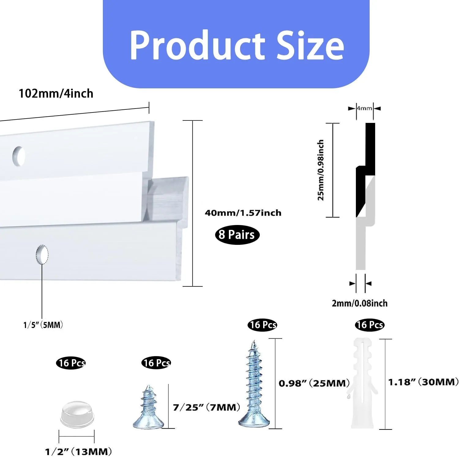 4'' French Cleat, French Cleat Hanger, Aluminum Z Clips for Hanging Pictures, Mirrors, Panels, Whiteboard, Shelf, Artwork ( Supports 50 lbs, 8 Pairs )