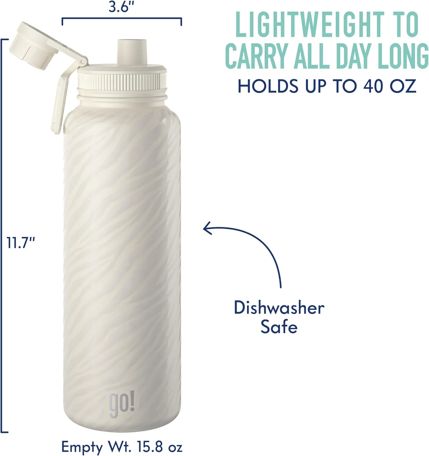 40oz Stainless Steel Sports Bottle with Triple Insulation & Copper Lining – Keeps Drinks Cold for 18 Hours & Hot for 6 – Threaded Lid with Attached Cap, Carrying Handle and Sweat-Free (Cream Zebra)