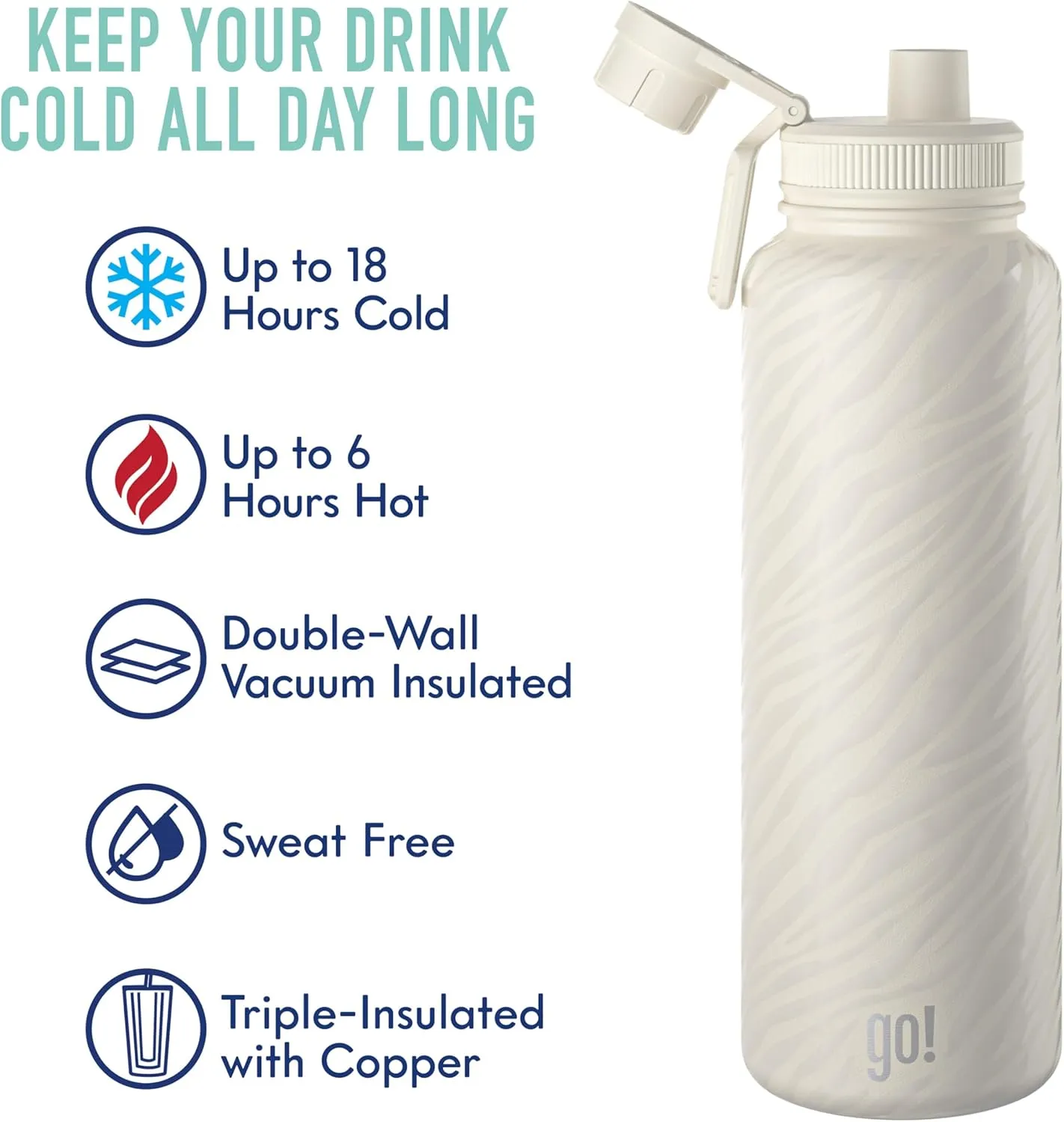 40oz Stainless Steel Sports Bottle with Triple Insulation & Copper Lining – Keeps Drinks Cold for 18 Hours & Hot for 6 – Threaded Lid with Attached Cap, Carrying Handle and Sweat-Free (Cream Zebra)