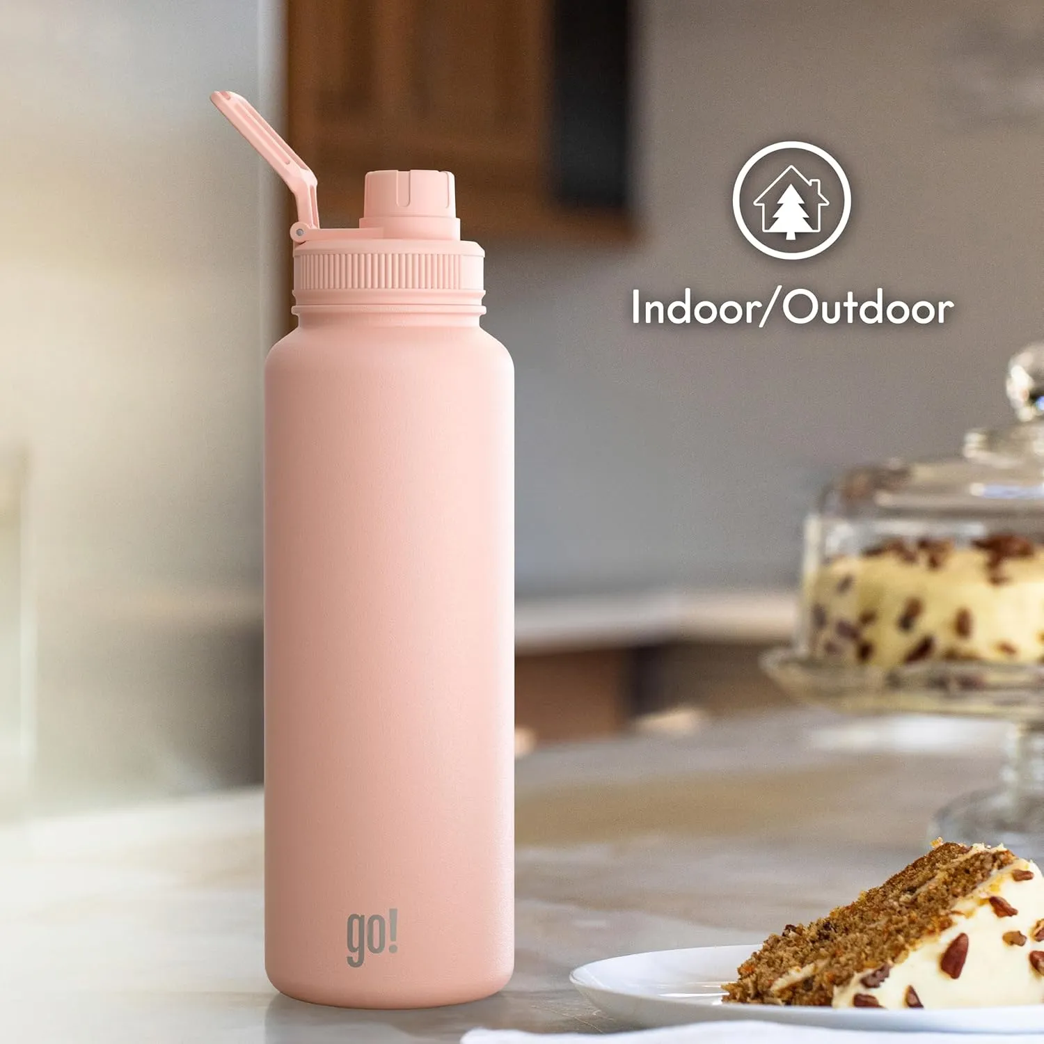 40oz Stainless Steel Sports Bottle with Triple Insulation & Copper Lining – Keeps Drinks Cold for 18 Hours & Hot for 6 – Threaded Lid with Attached Cap, Carrying Handle and Sweat-Free (Light Pink)