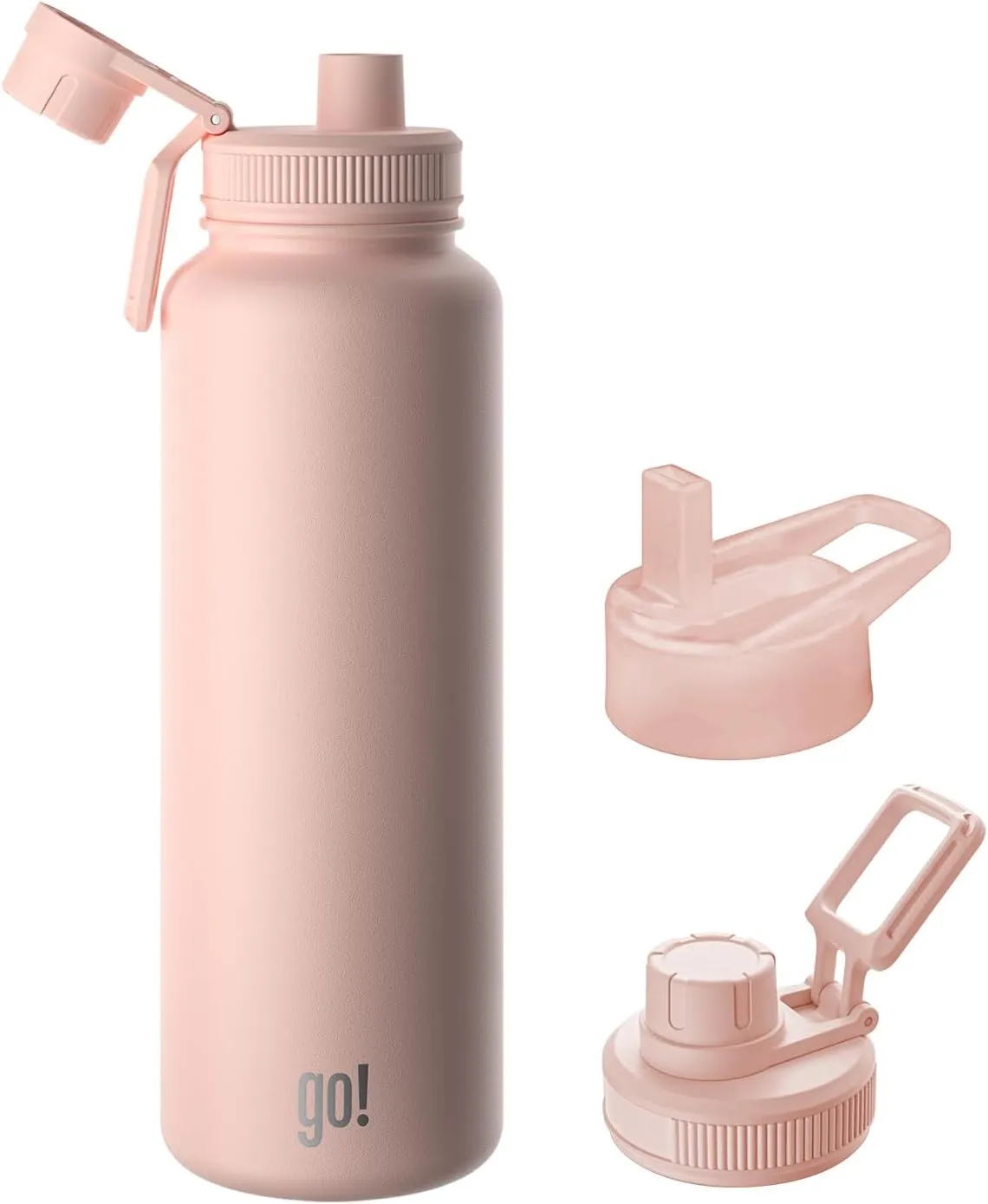 40oz Stainless Steel Sports Bottle with Triple Insulation & Copper Lining – Keeps Drinks Cold for 18 Hours & Hot for 6 – Threaded Lid with Attached Cap, Carrying Handle and Sweat-Free (Light Pink)