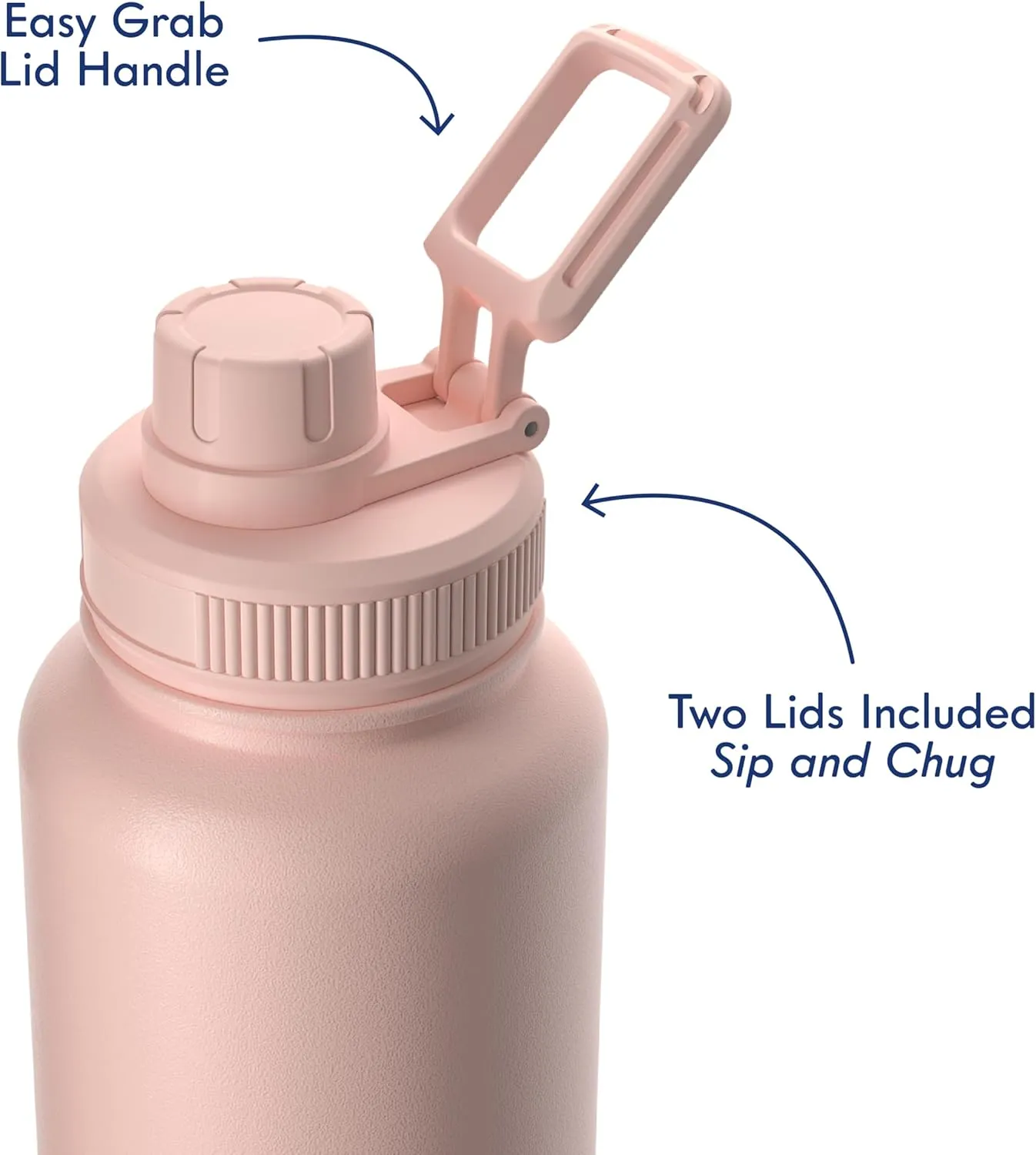 40oz Stainless Steel Sports Bottle with Triple Insulation & Copper Lining – Keeps Drinks Cold for 18 Hours & Hot for 6 – Threaded Lid with Attached Cap, Carrying Handle and Sweat-Free (Light Pink)
