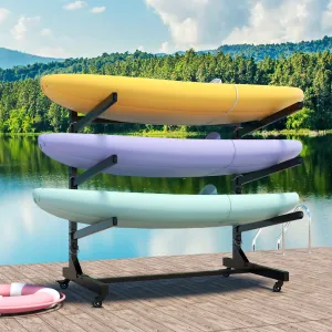 41" H Freestanding Kayak Storage Rack with Adjustable Arms & Lockable Wheels - Durable Metal Stand for 3 Kayaks, Canoe, SUP in Garages & Dockside