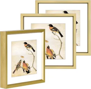 4x4 Picture Frame, Brass Metal Photo Frames with HD Glass, Fits 3x3 with Mat or 4 x 4 without Mat, Display for Wall and Table, 3 Pack