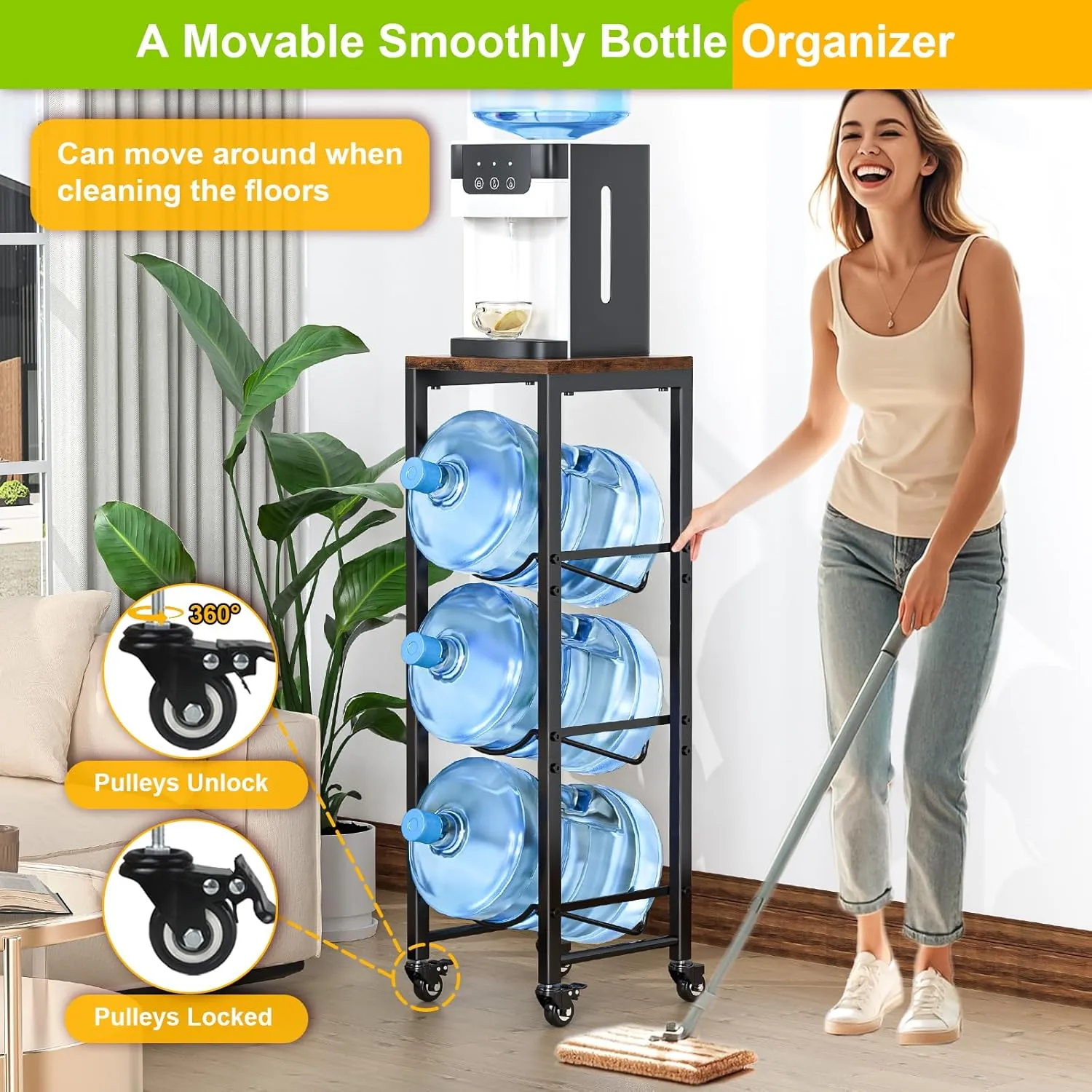5 Gallon Water Bottle Holder, 3-Tier Water Jug Rack,Water Jug Stand With Lockable Casters,Heavy Duty Water Storage Rack Water Dispenser Stand,Water Jug Holder For Kitchen,Office,Garage,Brown