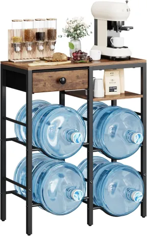 5 Gallon Water Jug Holder, 4 slots Heavy Duty Water Bottle Rack with 2-Layer Storage Shelves, Wood Tabletop & Fabric Drawer, Water Jug Dispenser Stand for Home, Kitchen, Office, Garage