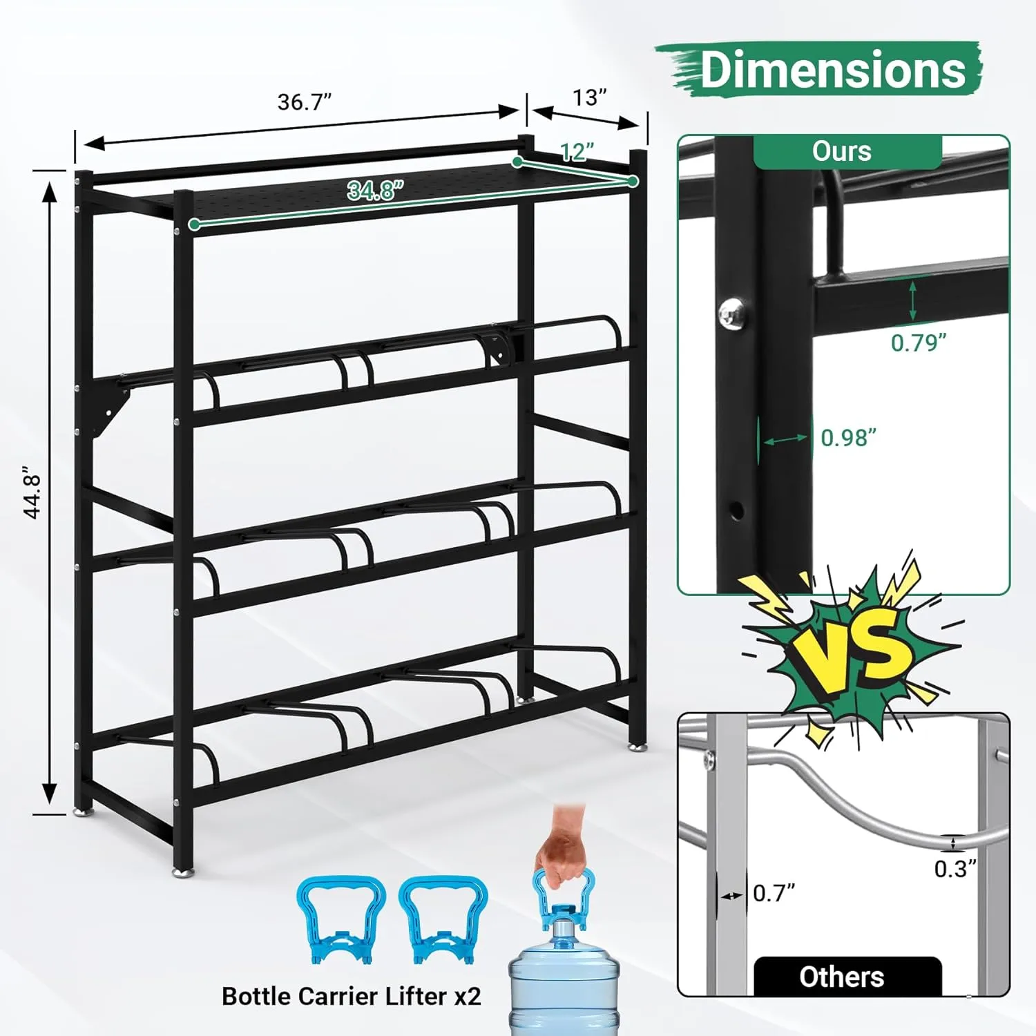 5 Gallon Water Jug Holder Heavy Duty，4-Tier Water Jug Rack w/Top Shelf, Wall Mount Water Bottle Holder for 9 Bottles, Powder Coated Water Rack Stand for Home, Office, Restaurant, Gym.