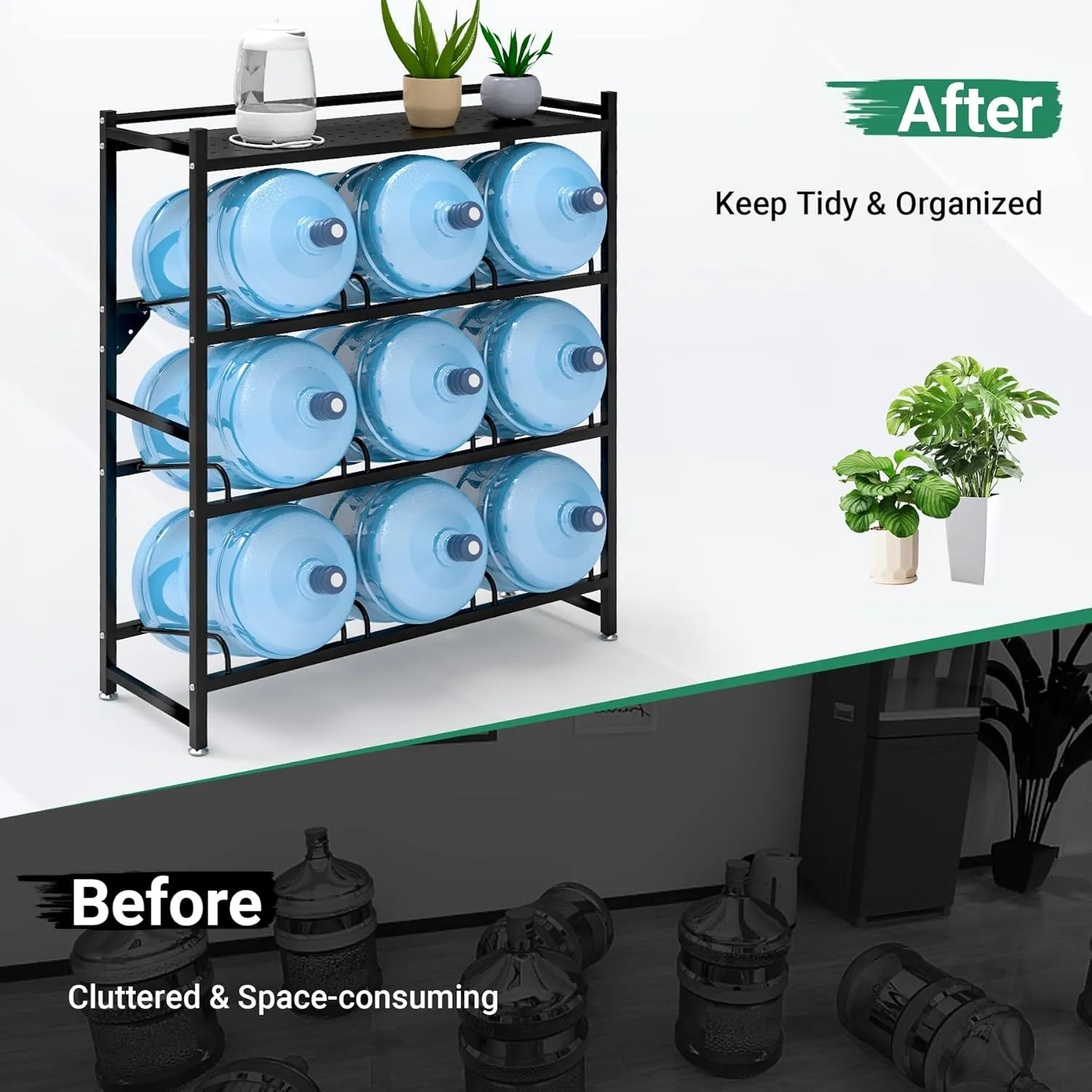 5 Gallon Water Jug Holder Heavy Duty，4-Tier Water Jug Rack w/Top Shelf, Wall Mount Water Bottle Holder for 9 Bottles, Powder Coated Water Rack Stand for Home, Office, Restaurant, Gym.