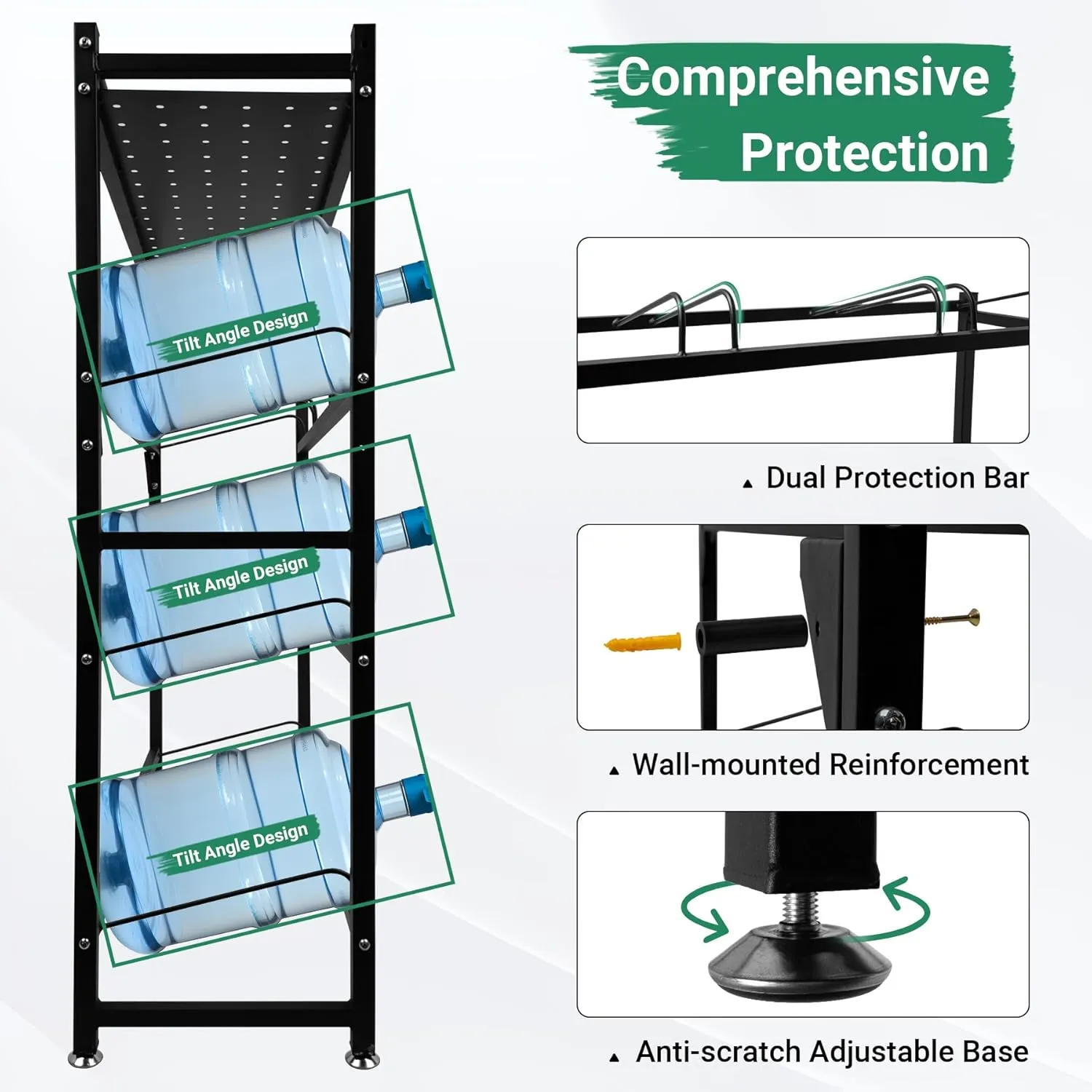 5 Gallon Water Jug Holder Heavy Duty，4-Tier Water Jug Rack w/Top Shelf, Wall Mount Water Bottle Holder for 9 Bottles, Powder Coated Water Rack Stand for Home, Office, Restaurant, Gym.